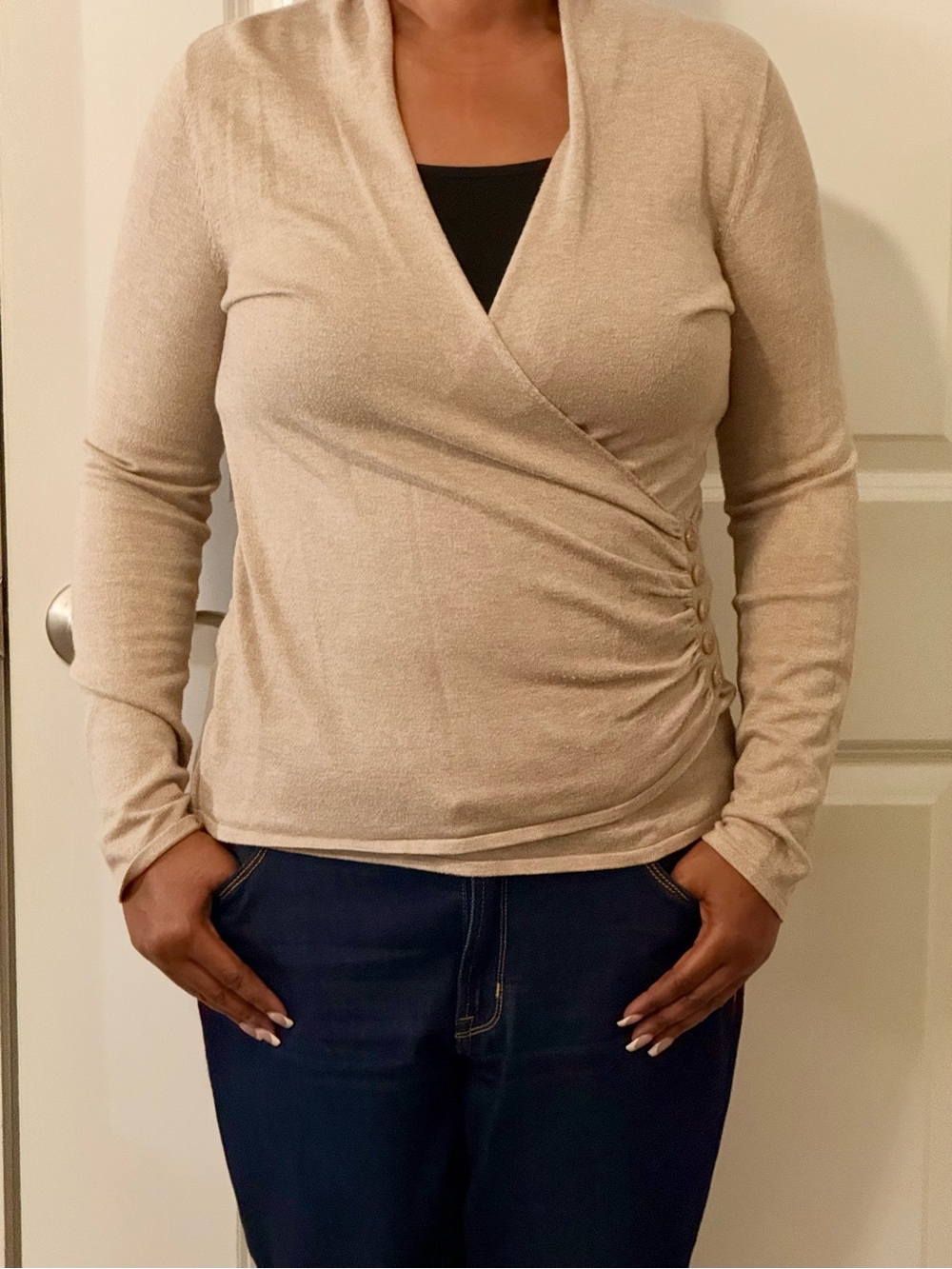 Women's Beige Wrap-Style Long Sleeve Top